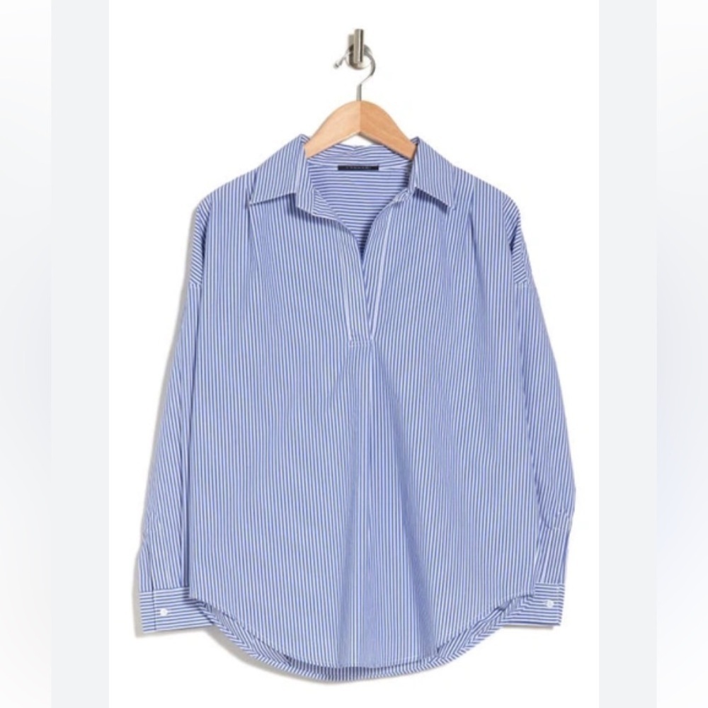 NWOT - T Tahari Oversized Poplin Tunic Shirt In Blue/ White Stripe - Size Medium
